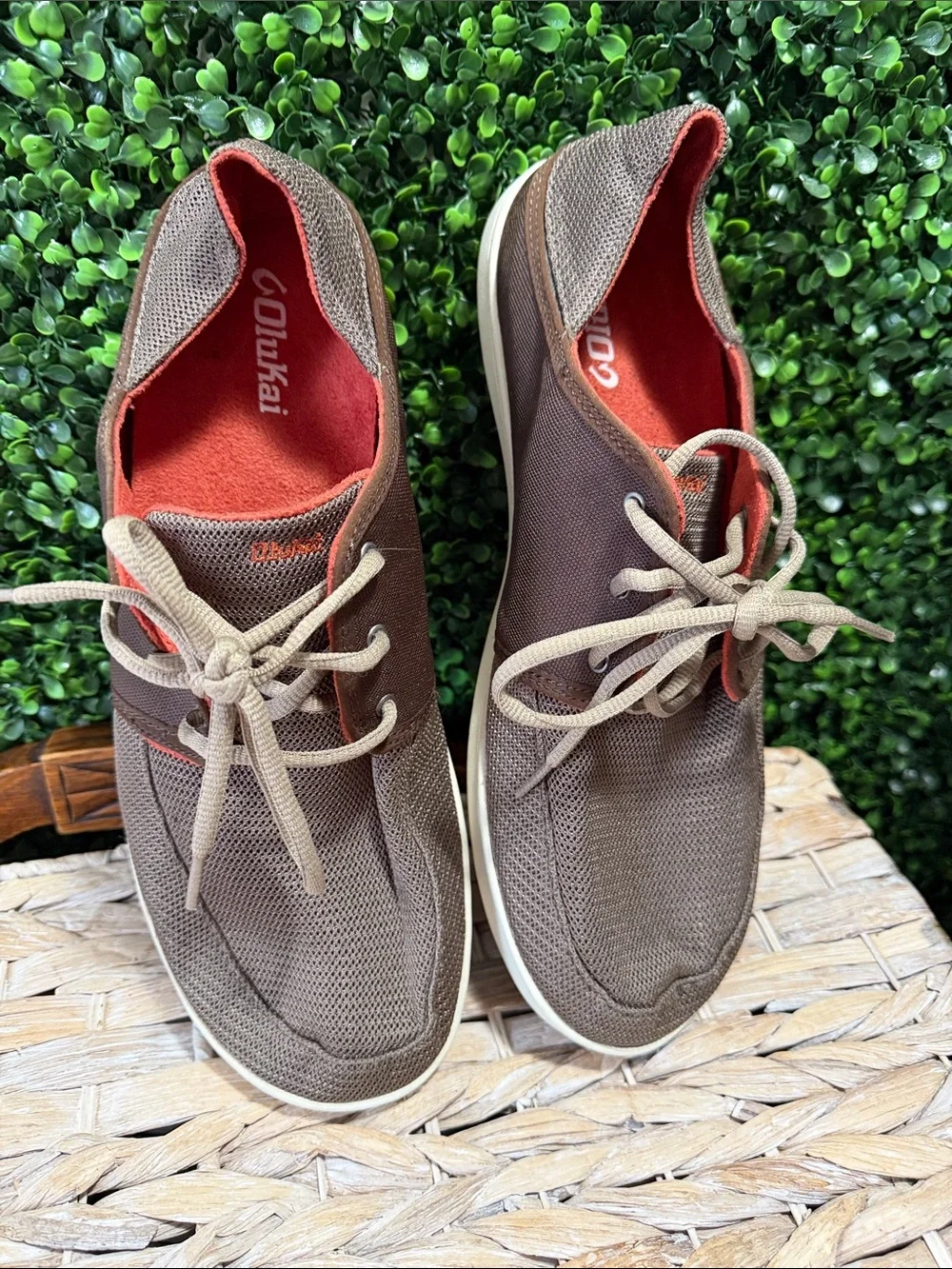 OluKai Men’s Brown Mesh Sneakers with Red Lining